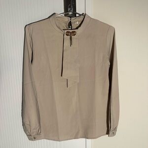 Beige Long Sleeve Blouse with Dragonfly Brooch